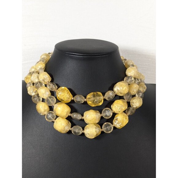 Vitnage Coro Butterscotch Yellow Lucite Bead Three Strand Neckalce Choker 16" - Picture 1 of 11